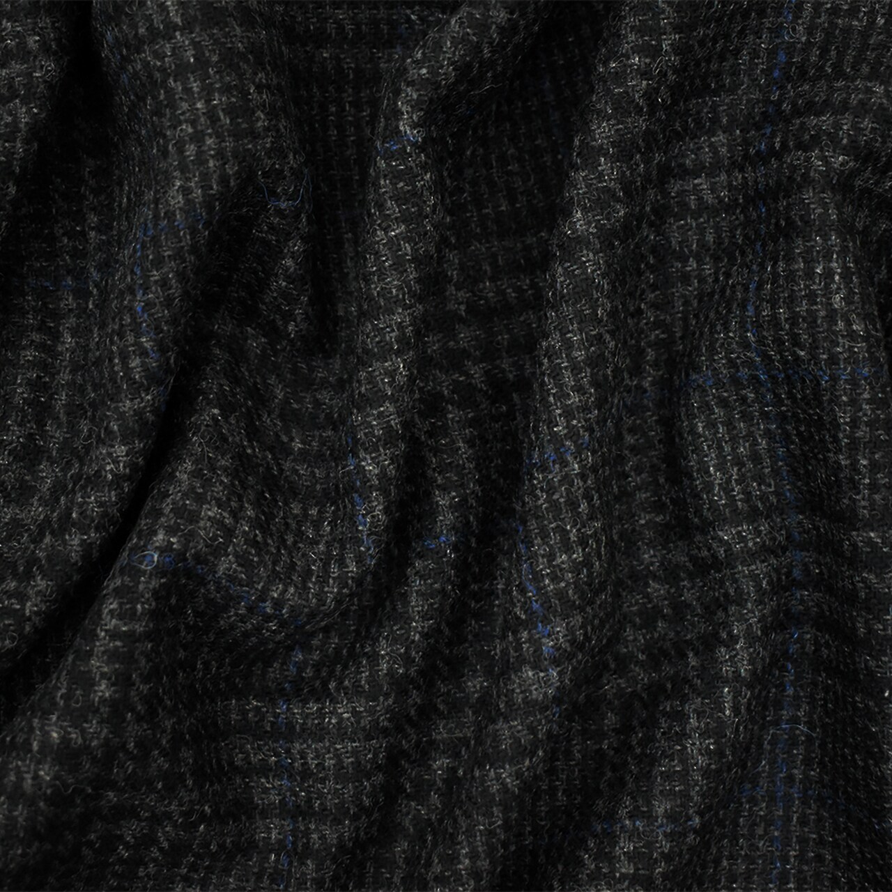 Black-Gray-Blue Wool Blend Glen Plaid Check Jacketing Woven Fabric By the Yard